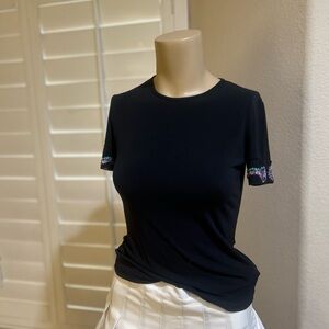 Versace Black Jersey knit Stretch Fitted Embellish Short Sleeve Blouse Top  sz S